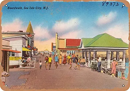 Metal Sign - New Jersey Postcard - Boardwalk, Sea Isle City, N. J. - Vintage Rusty Look Wall Decor for Cafe beer Bar Decoration