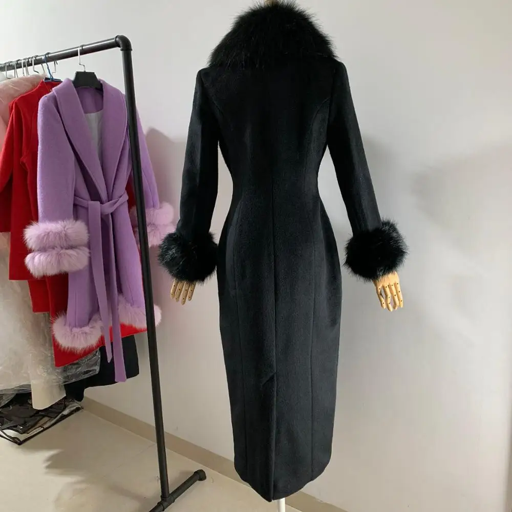 Inverno moda donna cappotto di lana alta imitazione grande collo di pelliccia di volpe cappotto di cashmere nero femminile doppio petto slim outwear