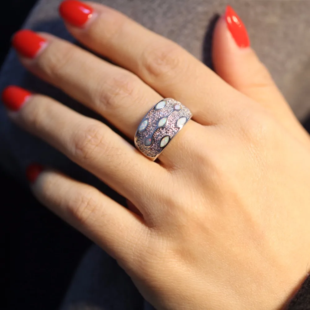 CiNily Created White Fire Opal Cubic Zirconia Silver Plated Wholesale for Women Jewelry Engagement Wedding Ring Size 7-9 OJ9323