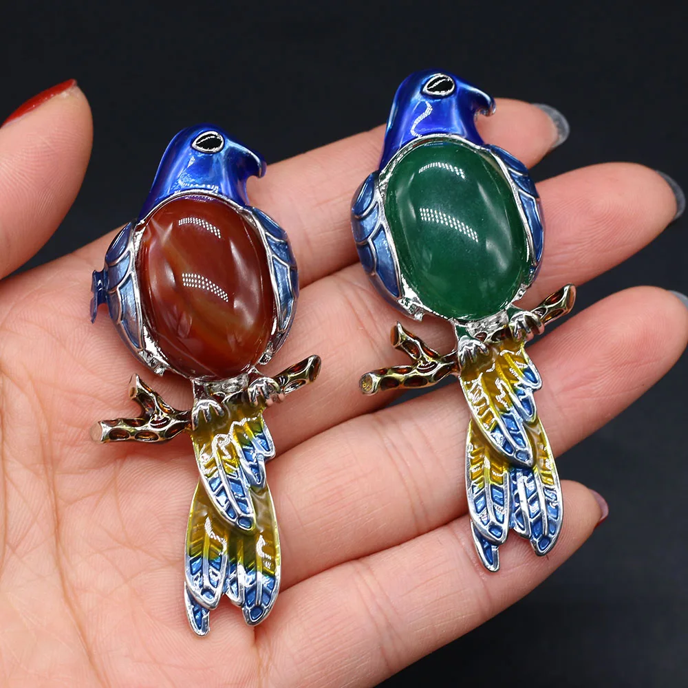 Women Brooch Natural Stone Cloisonne Parrot-Shaped Pendant For Jewelry Making DIY Necklace Pendant Clothes Shirts Accessory