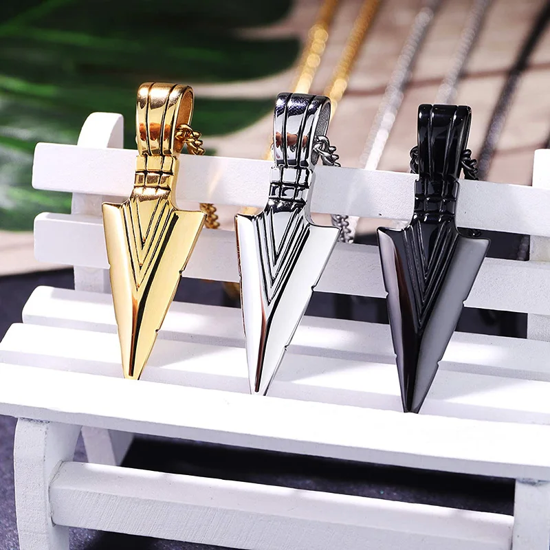 Self Defense Pendant Necklace For Mens Boys Cool Spearpoint Arrowhead Neck Chain Emergency Survival Tactical EDC Tool Supplies