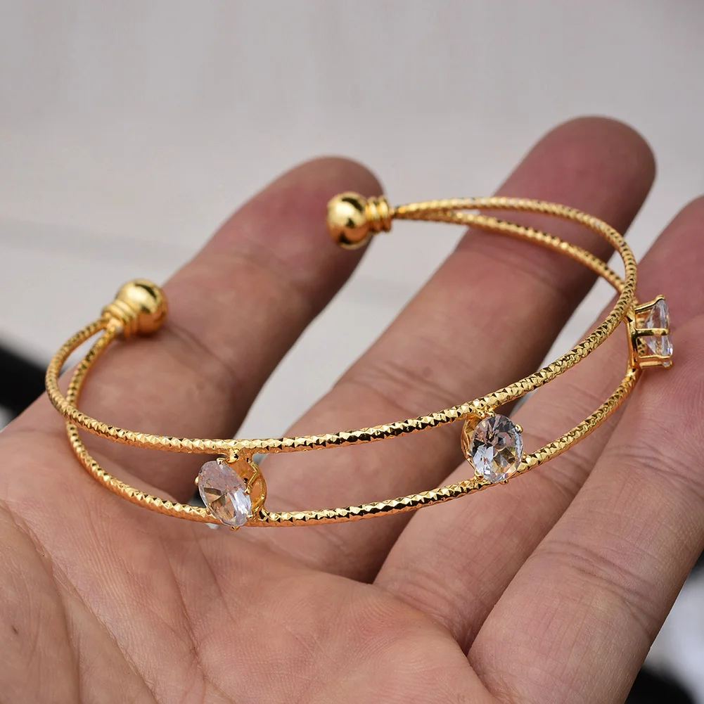 24K 4 Buah/Lot Batu Putih Dubai Gelang Manset Warna Emas Ethiopia untuk Wanita Istri Perhiasan Pernikahan Gelang & Gelang Hadiah Istri Perempuan