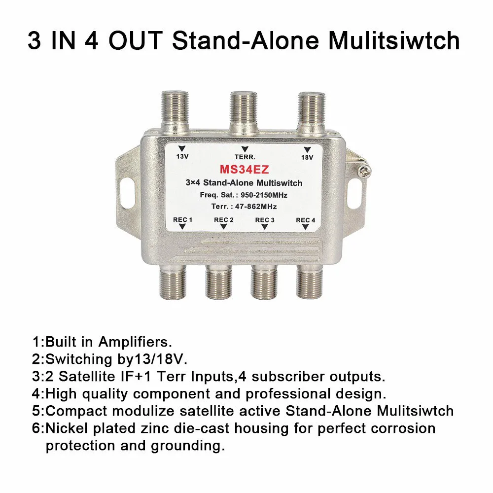 3 In 4 Out 3X4 Satelliet Multischakelaar Splitter Fta Tv Lnb Switch Cascade Satelliet