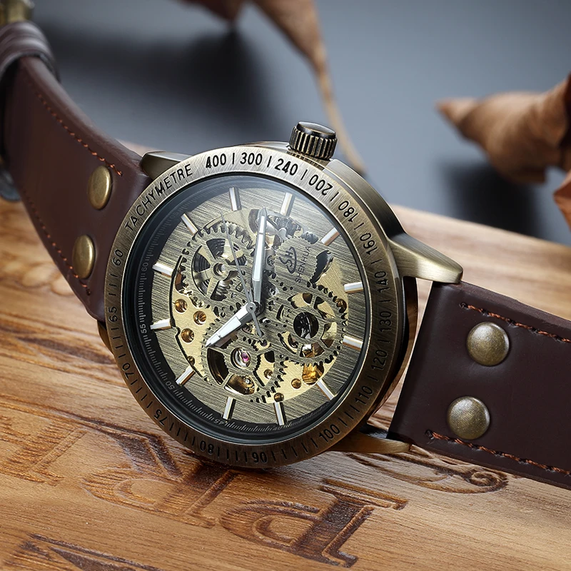 New Brown Strap Retro Steampunk Men\'s Mechanical Watch Locomotive Gear Literal Automatic Male Wristwatches Relogio Masculino