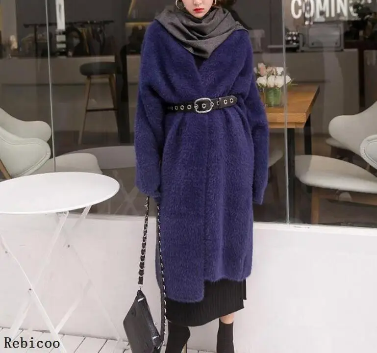 

Synthetic Mink Cashmere Sweater Cardigan Women Winter Coat Batwing Sleeve Knitted Long Cardigan Thick Fluffy Sweaters