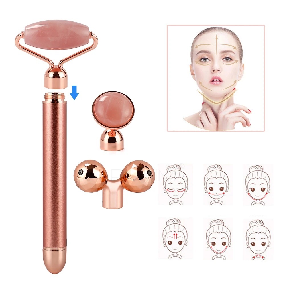 3 In 1 Electric Jade Roller Slimming Face Massage Lifting Vibrating Natural Rose Quartz Jade Roller Stone Facial Beauty Tool