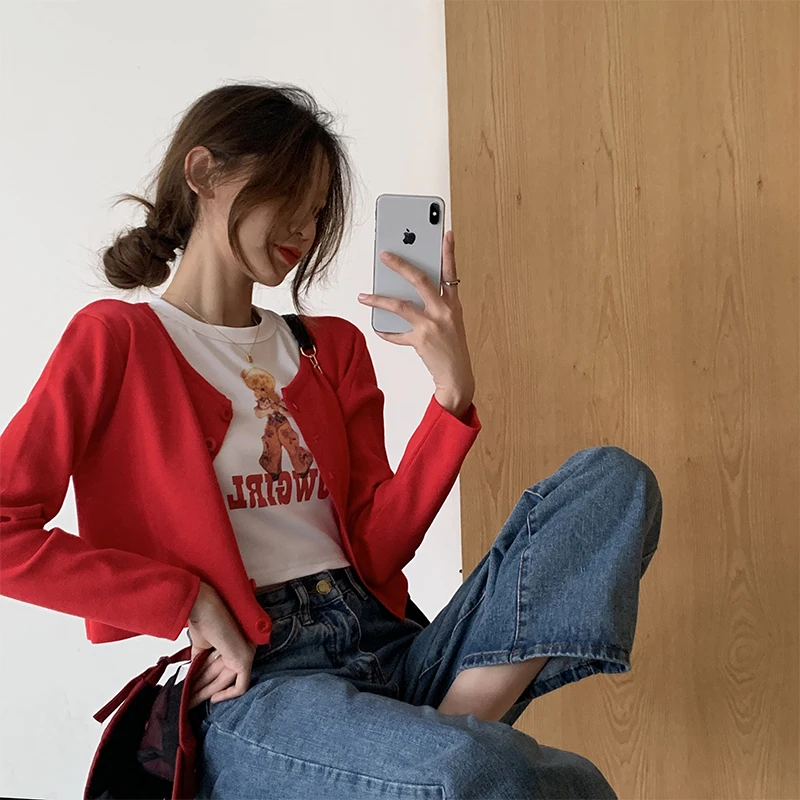 Spring Long Sleeve Red Knitted Women Cardigan Cow Girl Letter Print T Shirt Slim Crop Tops Shirts and Cardigans Suit 2 Piece Set