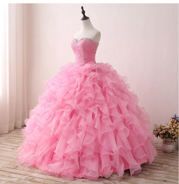 Doce Ruffled frisado vestido de baile, rosa Quinceanera vestidos, até o chão, pronto para envio, 15 anos, tamanho US2-US16, Primavera, 2023