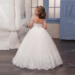 Vestidos de flores para niñas, Apliques de encaje para boda, vestidos de baile de manga corta con cuentas, vestidos de primera comunión personalizados para niñas