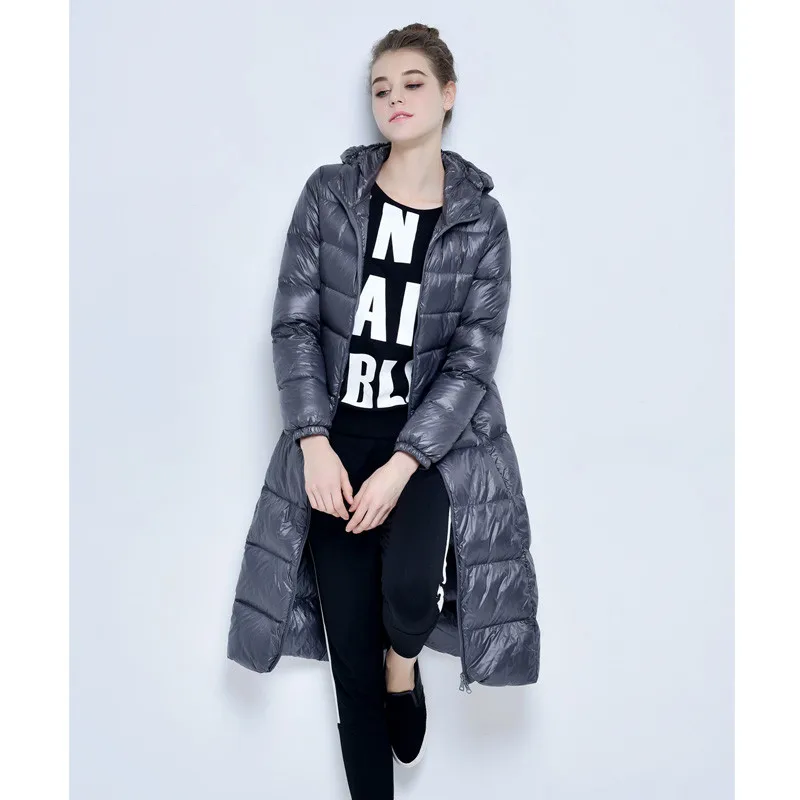 Jaqueta Puffer Longa e Quente para Mulheres, Nova Coleção Outono Inverno, Slim, Leve, Casaco de Pluma de Pato Branco, Parkas com Capuz