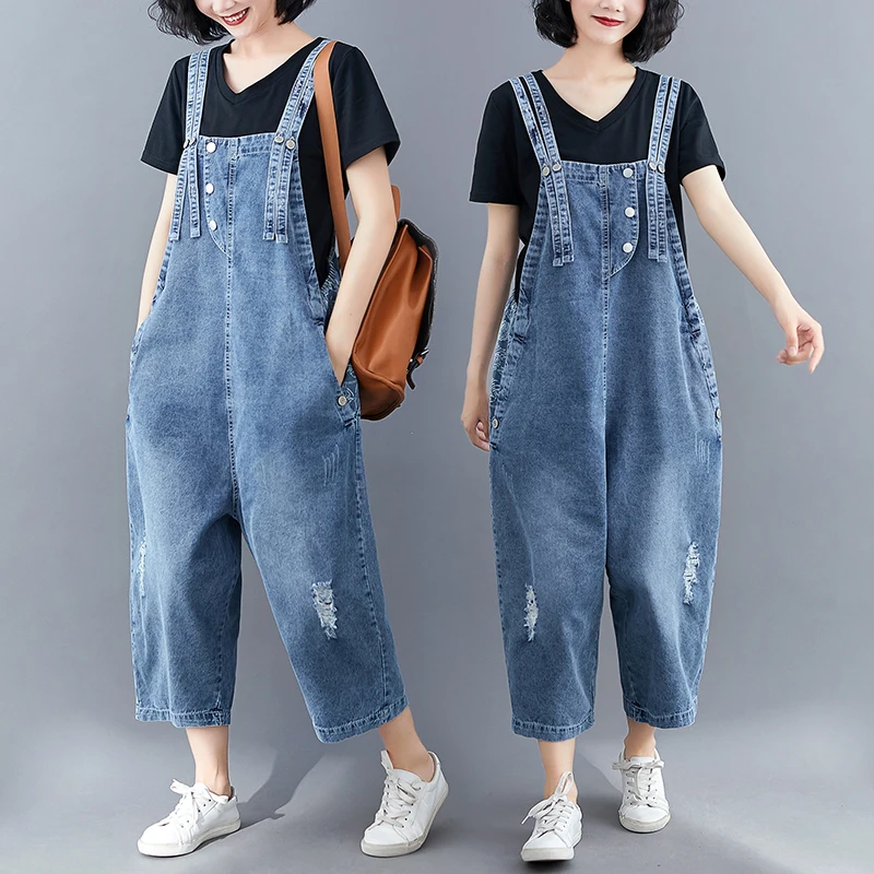 Loose Oversized Jeans Overalls For Women Wide Leg Plus Size Denim Jumpsuit Pockets Ripped Bib Baggy Pants Double Straps Rompers