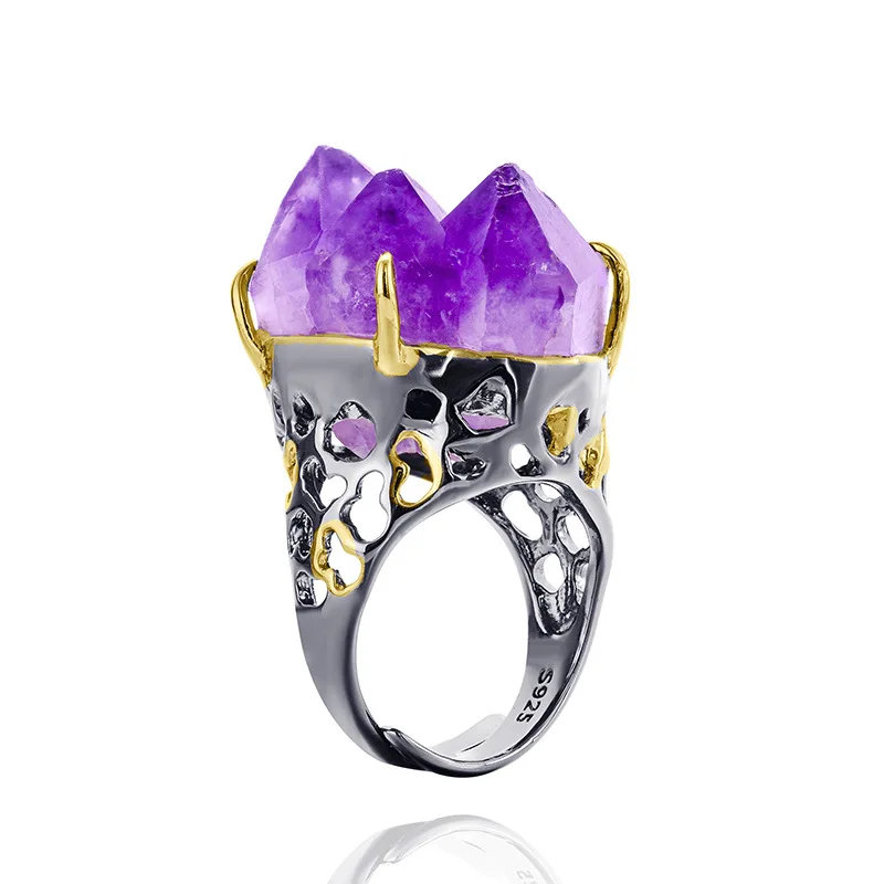 Natural and Certified Free Form Amethyst Ring in 925 Silver Antique Gold Customized Baroque Rings Gems Factory