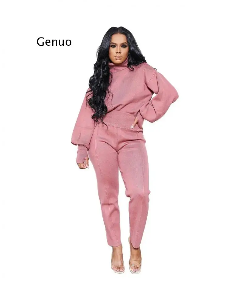 

Solid Color Women Pant Set Long Sleeve 2 Pieces Clothes Suit Female Casual Two Pieces Matching Set