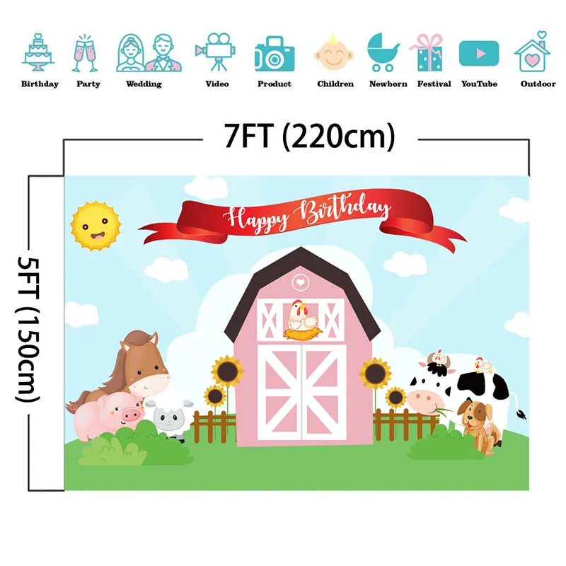 Toile de fond de fête d'animaux de la ferme rose, fond d'anniversaire pour enfants, photographie, gâteau de ferme mignon, fournitures de décorations de table