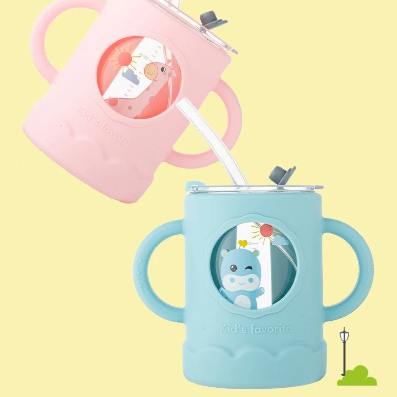 Children\'s Cute Cartoon Anti-scalding Milk Cup Drop-resistant Microwave-heatable Milk Powder Straw Glass Bottle BPA-free