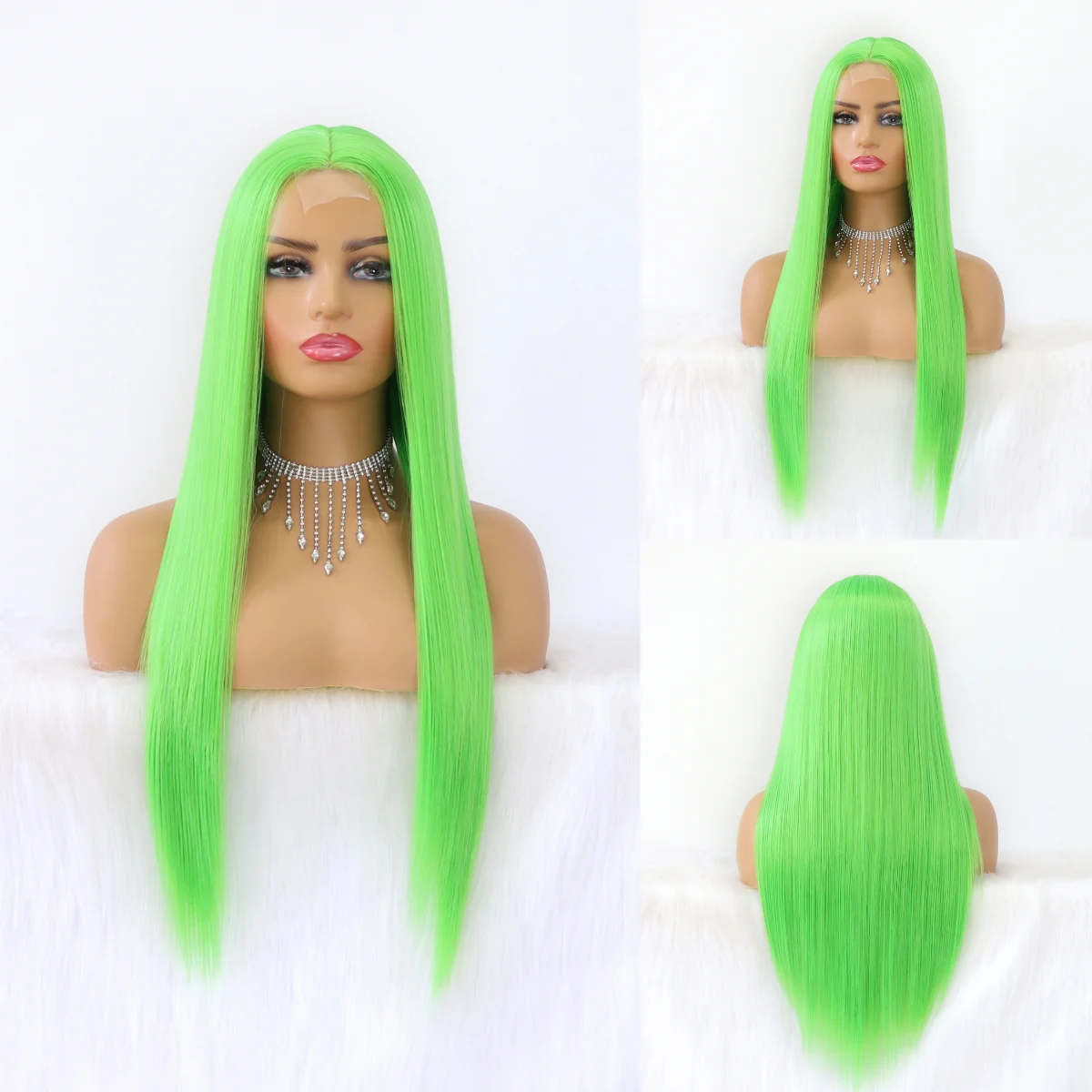 Lace Wigs Long Straight Hair  Lime Green Color Wigs for Fashion Women Synthetic Lace Wigs with Natural Hairline