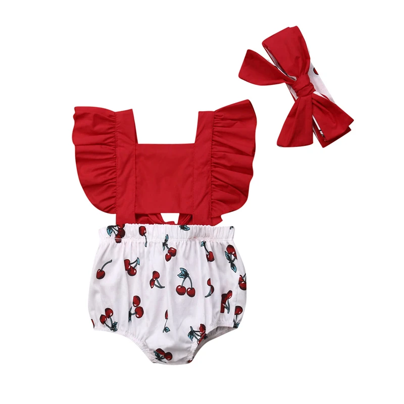 2Pcs Newborn Baby Girl Clothes Ruffle Backless Cherry Romper + Headband Outfit Baby Girl Summer Clothes