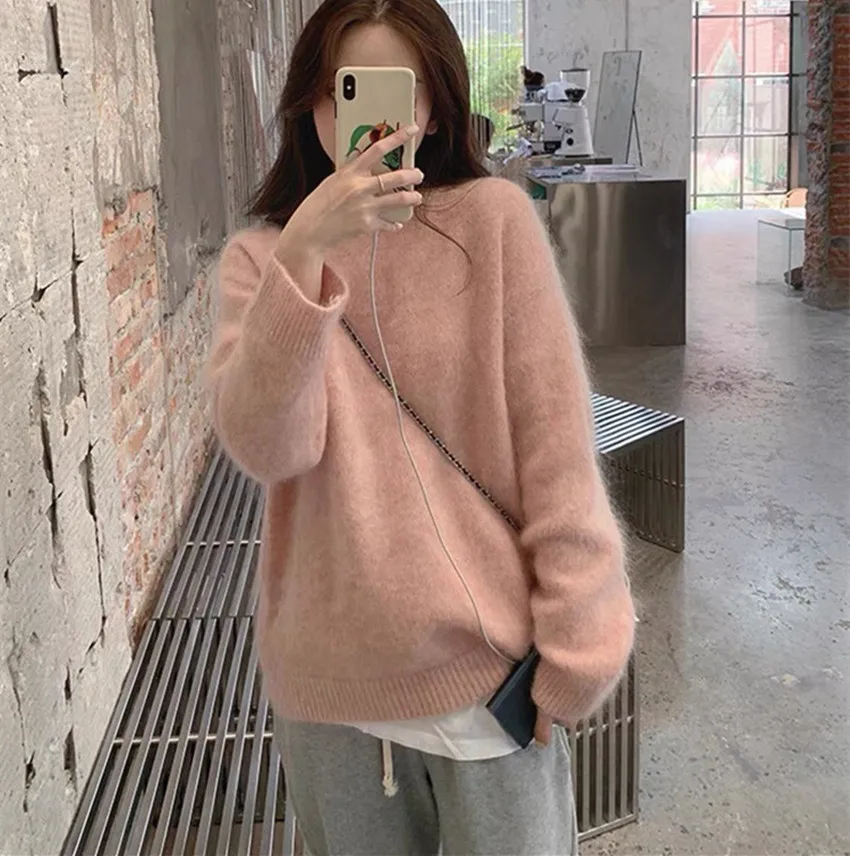 2023 High Quality Women Purple Knitted Pullovers New Designer Autumn Winter O Neck Soft Mink Cashmere Loose Sweater Lazy Style