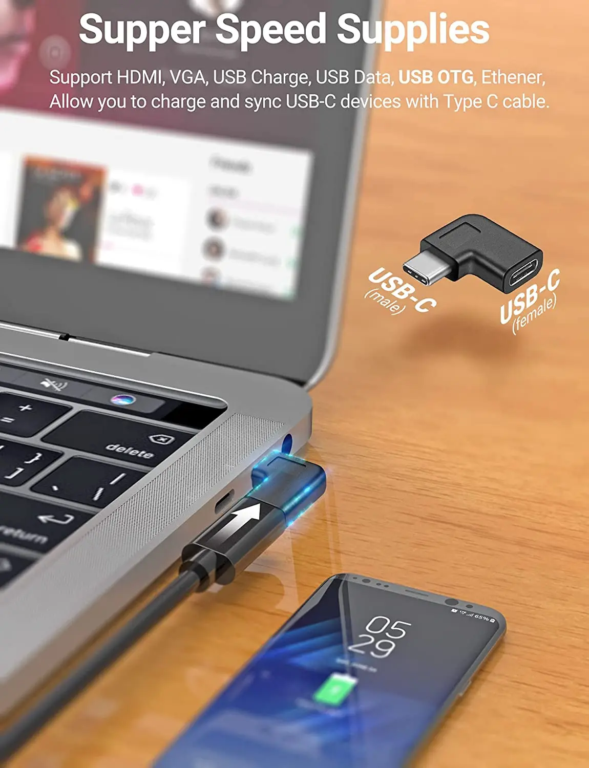 노트북 태블릿 모바일용 USB C 직각 어댑터, 수-암 컨버터 확장, 90 도, 2 팩