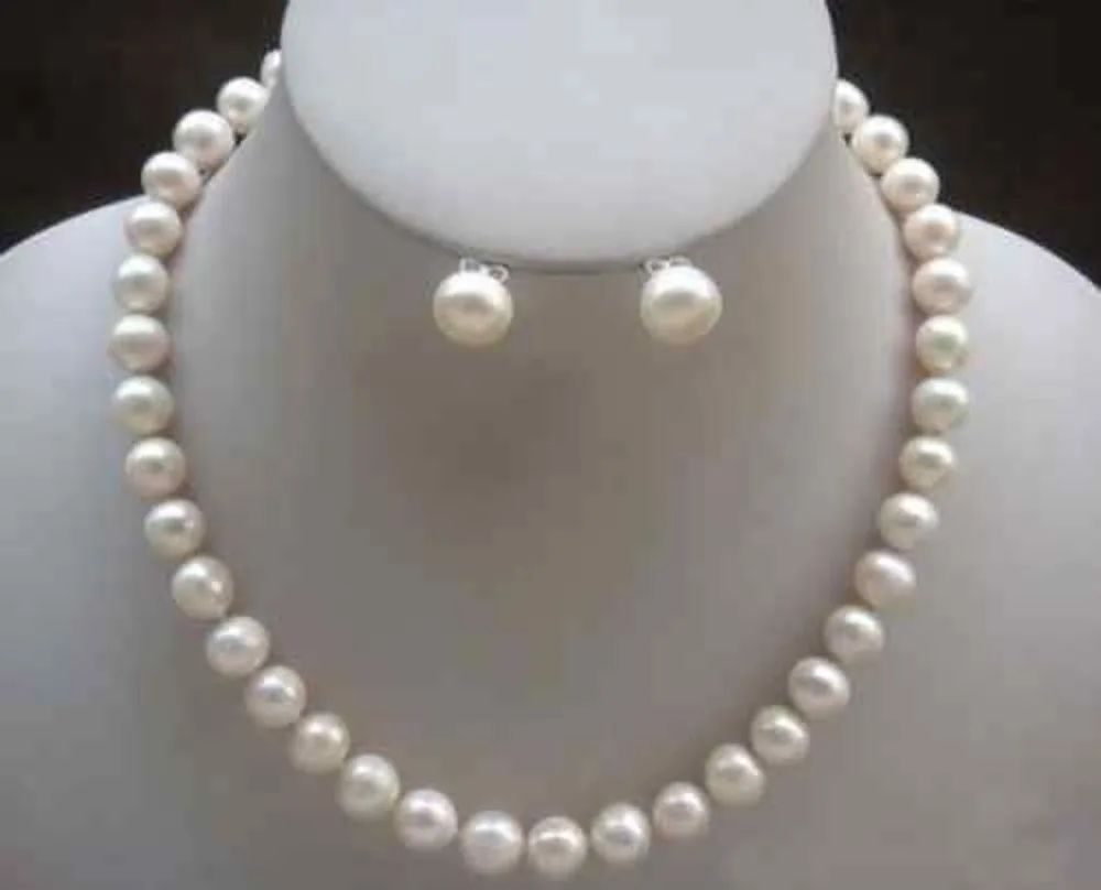 

*****8MM White Akoya Shell Pearl Necklace + Earring Set AAA 17" m01