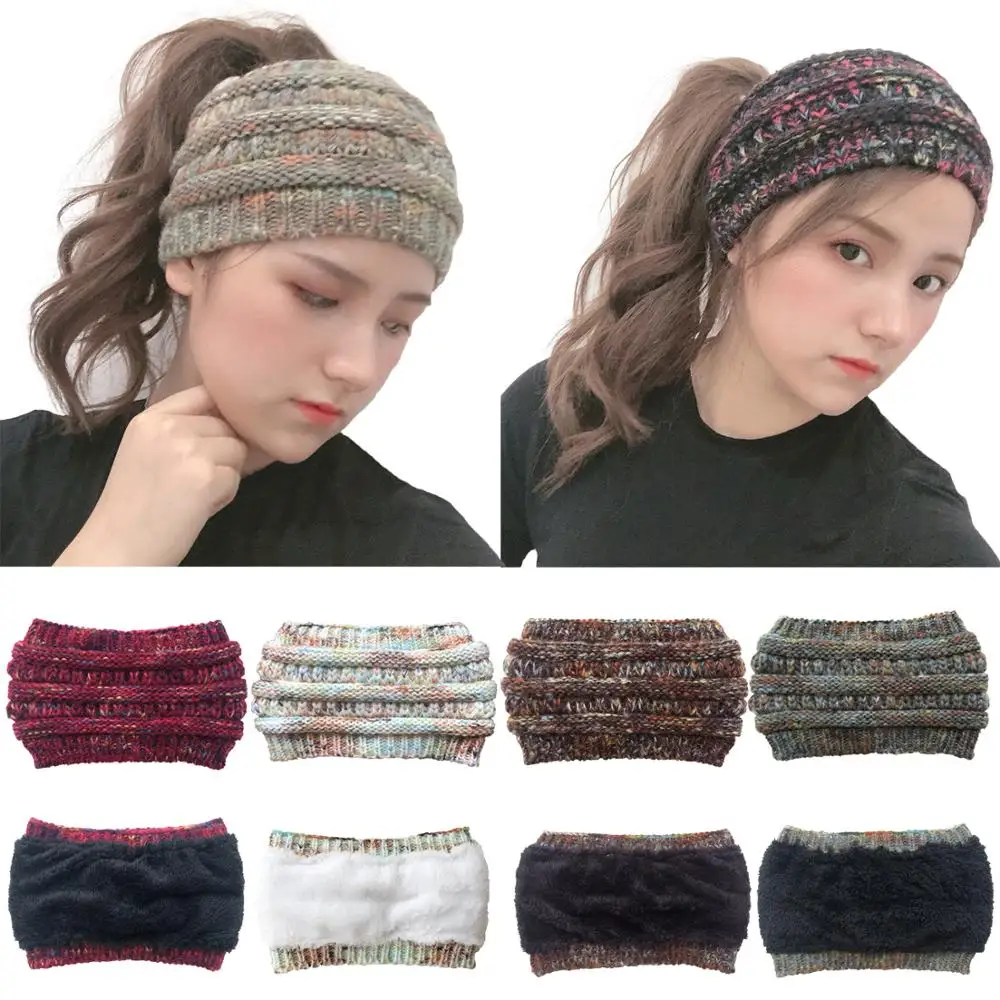 

New Arrival Fashion Women Plus Velvet Warm Wool Headband New Knitted Colored Ponytail Hairband Headwrap Hair Accessories