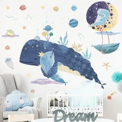 Underwater World Mermaid Wall Stickers for Kids Room Baby Room Decoration Self-adhesive Cartoon Whale Large Wallpaper Home Decor
