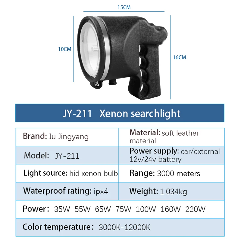High Power 220W Outdoor Searchlight Long Shot 3000M Waterproof Spotlight Bright 20000 Lumens 12V Flashlight Hunting Light