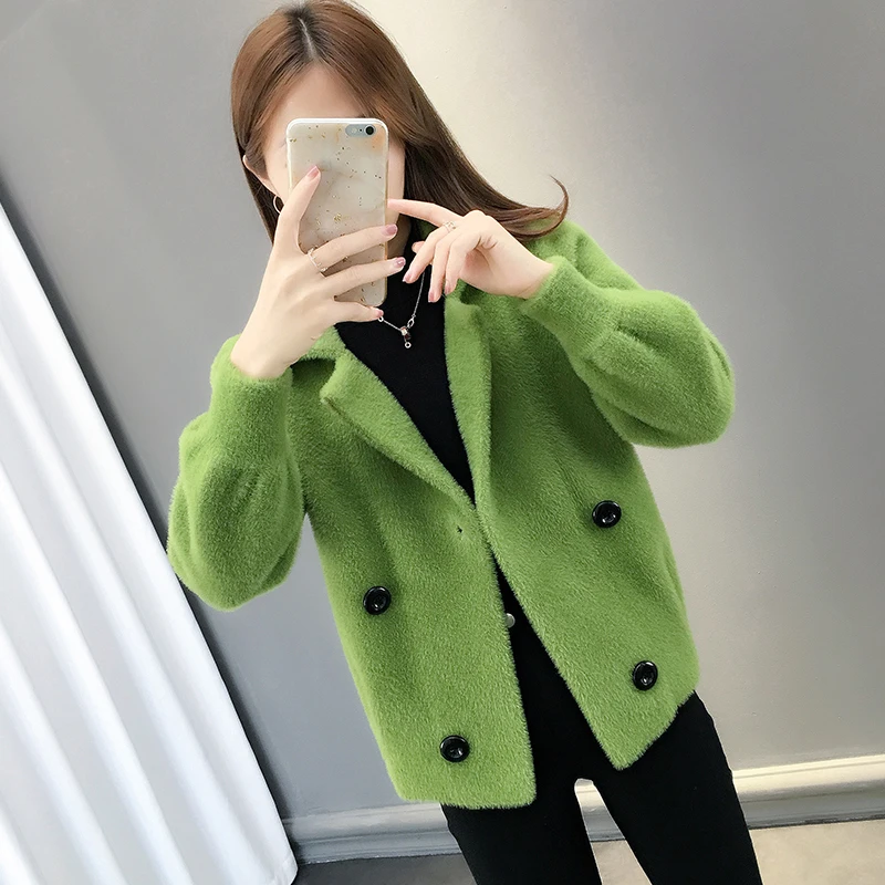 Boutique Khoác Áo Khoác Nữ 2020 Mới Hàn Quốc Nữ Ngắn Lông Chồn Nhung Rời Áo Len Nữ Dệt Kim Cardigan Áo Liền Quần