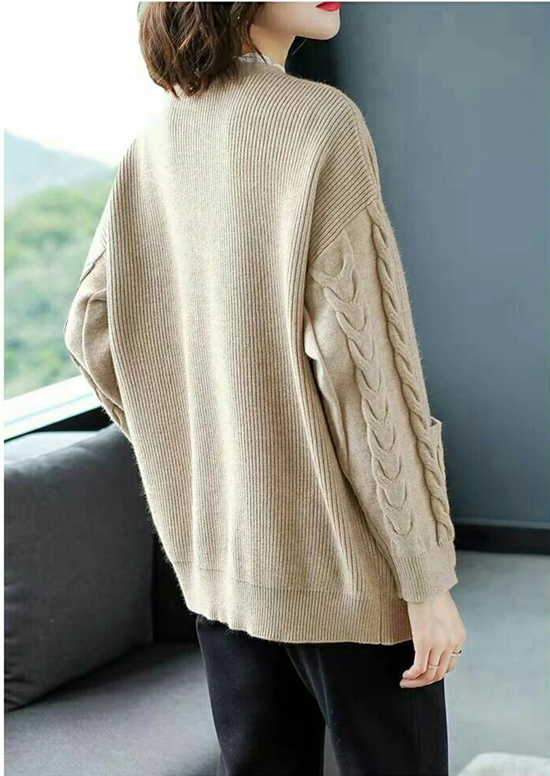 2024 Spring Autumn New Women Knitted Sweater Cardigan Coat Fashion V-neck Single-breasted Pocket Loose Sweaters Ladies Tops