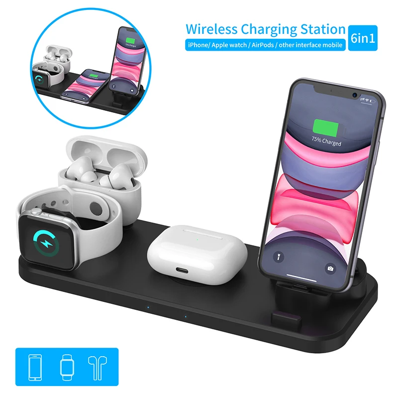 New 6 in 1 Fast Wireless Charger Stand for iPhone/Android/Type-C USB Phones 10W Qi Fast Charging For Apple Watch AirPods Pro