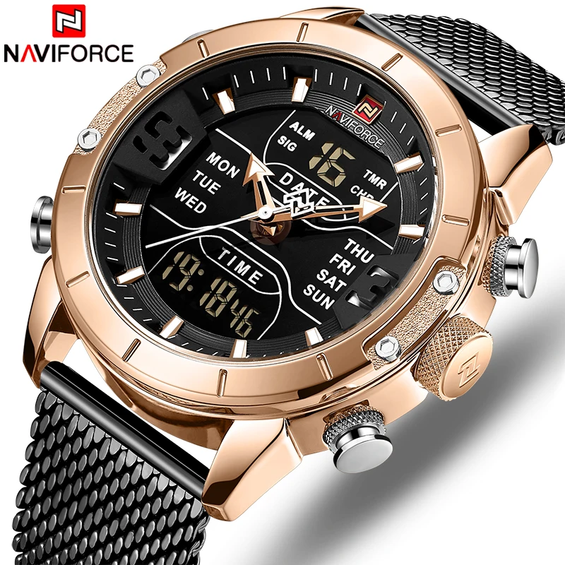 Mens watch top brand luxury NAVIFORCE 9153 stopwatch LED sport military waterproof steelstrap wristwatch relogio masculino clock