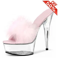 Sexy Summer Platform Open Toe Rabbit's Hair Slippers Sweet Gentle Woman 13CM Stiletto Stripper Heels 7 Inch Fashion Models Stage