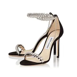 Black Suede Women Crystal Ankle Strap Sandals Prom Dress Party Pumps Rhinestone Chic Lady Office Work Stilettos Sandalias Femme