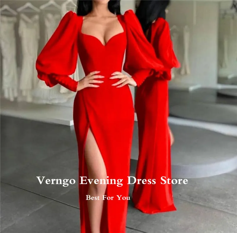 Verngo Nieuwe Vintage Champagne Puff Lange Mouwen Avondjurken Slit Sweetheart Stretch Satijn 2023 Moderne Formele Party Gown