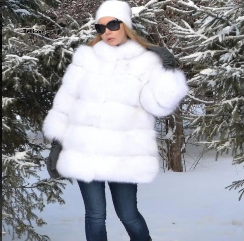 Manteau Écologique en Fourrure de Renard Blanc pour Femme, Veste Épaisse d'Hiver, Vêtement à la Mode, avec Capuche