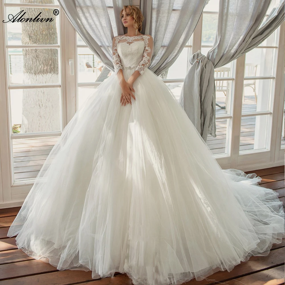 Alonlivn Customize Made Vestido De Noiva Elegant Tulle Wedding Dress O-Neck Princess Ball Gown Bridal Gown Applique Beaded Sash