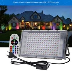 50W 100W RGB LED reflektor AC220V z wtyczką ue IP65 wodoodporny zewnętrzny reflektor punktowy światło halogenowe krajobraz oświetlenie z pilotem