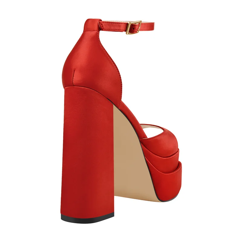 Onlymaker Women Ankle Buckle Sandals Satin Round Toe Platform Chunky High Heels Fashion Party Concise Shoes