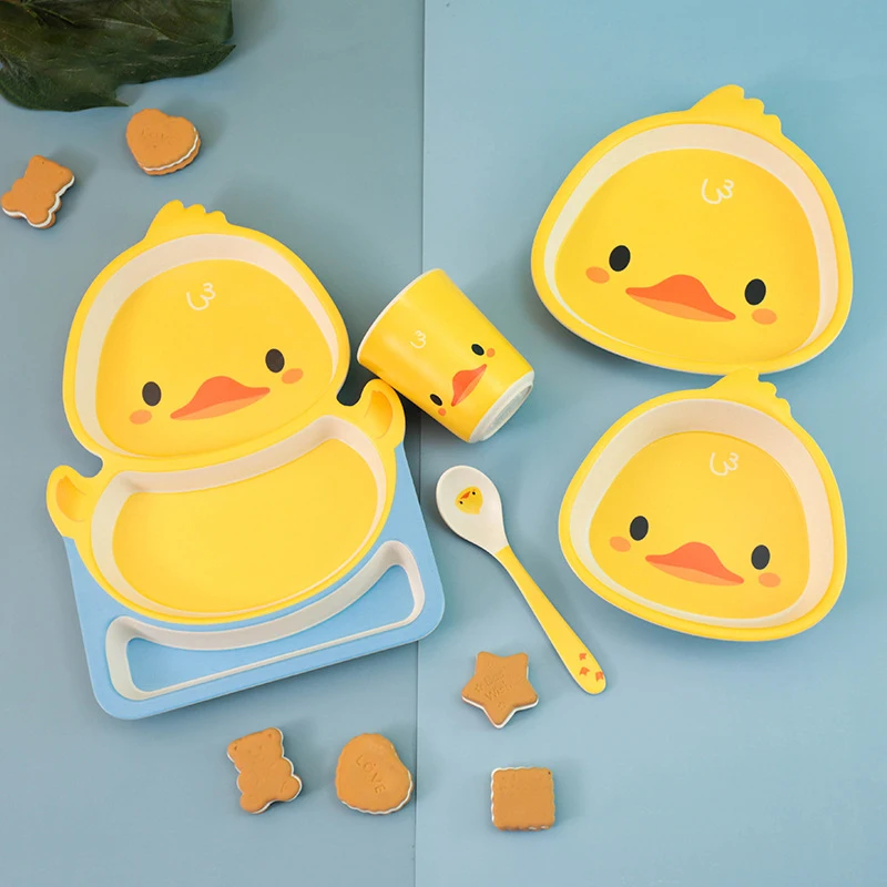 Baby feeding meal melamine bowl plate cup cartoon little yellow duck shape baby rice bowl children creative tableware set