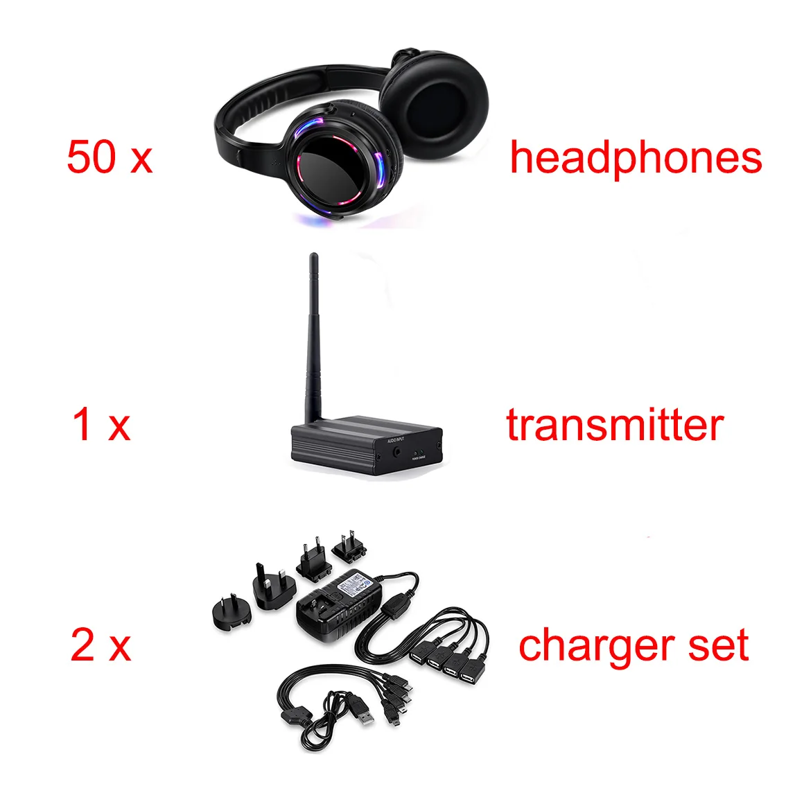 

LED Wireless Silent Disco Headphones Bundle with 50 Receivers and 1 Transmitter 500m Range for DJ Party Conference Events