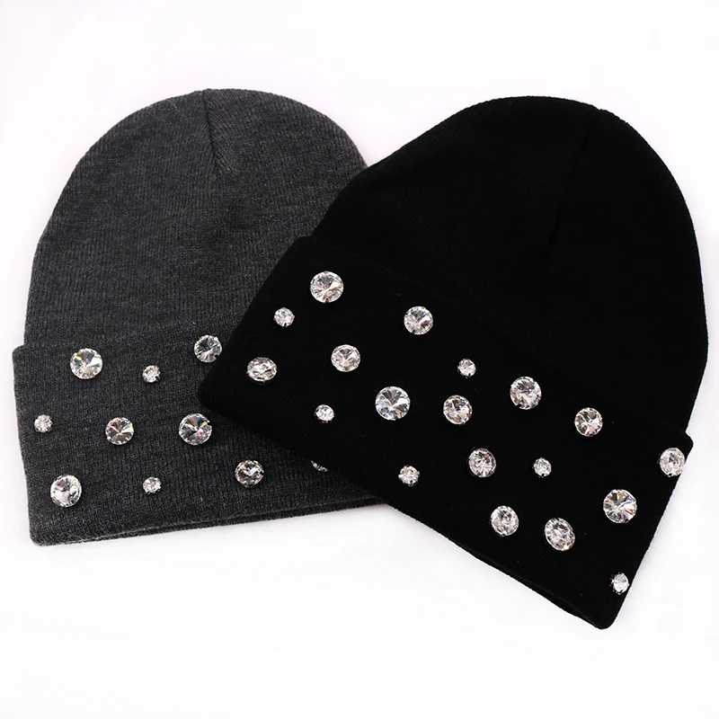 Casual Autumn Winter Rhinestones Knitted Beanie Hat Cap for Women Soft Warm Black Acrylic Bonnets Skullies for girls ladies