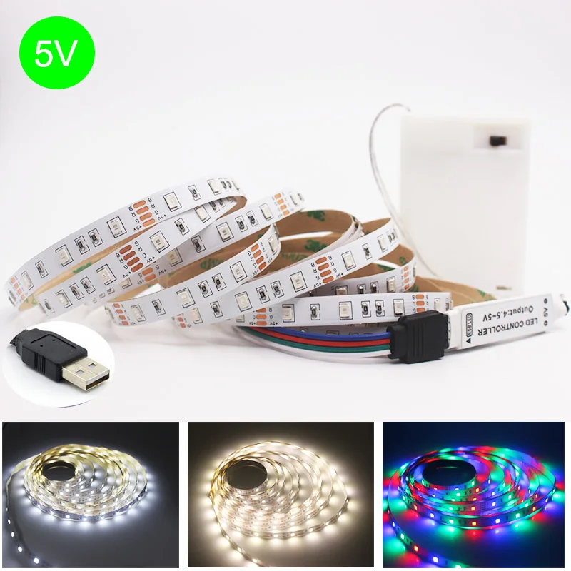 3AA Battery Power 5V RGB Led Strip Light 2835 SMD 1M 2M 3M 4M 5M 50cm Flexible Lighting Ribbon Tape Warm White Strip Backlight