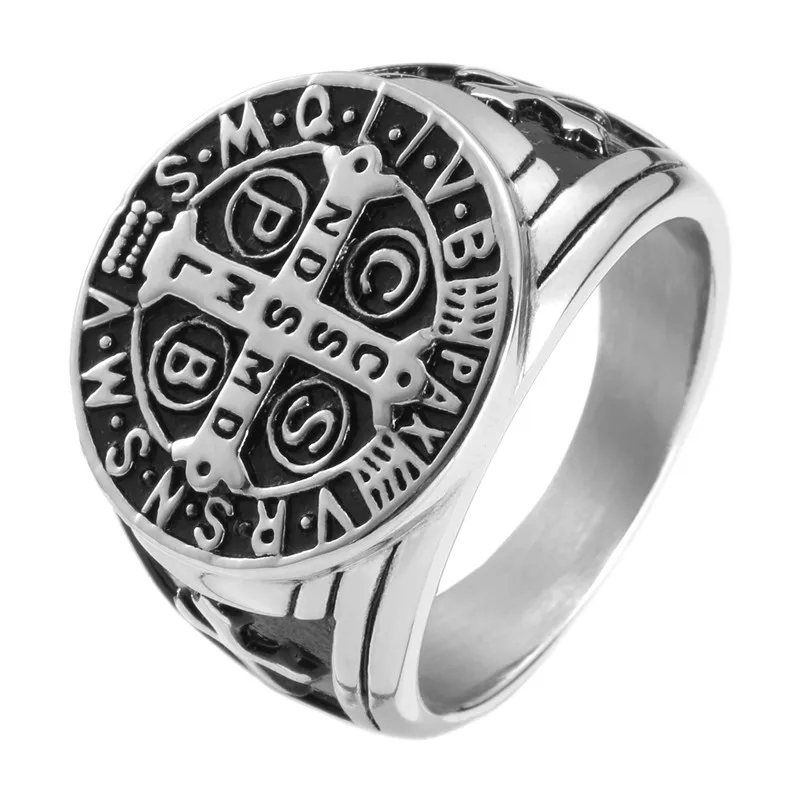 316L Stainless Steel Saint Benedict CSPB Cross Ring For Man Size 7-15