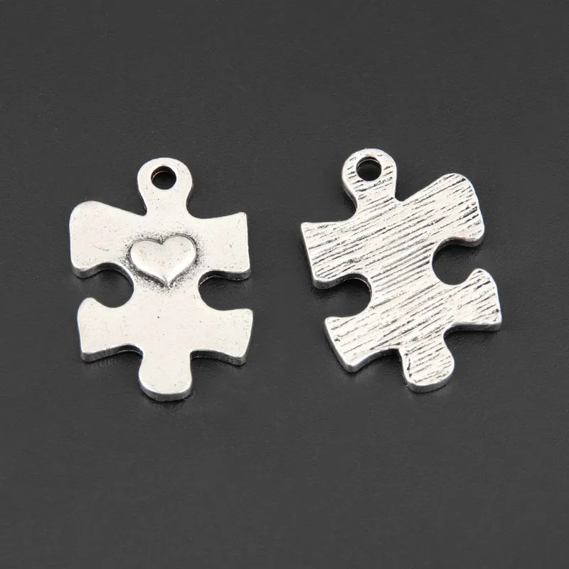 20pcs Silver Color 21x15mm Jigsaw Puzzle Piece Charms Heart Pendant Fit DIY Jewelry Making Handcrafted Accessories