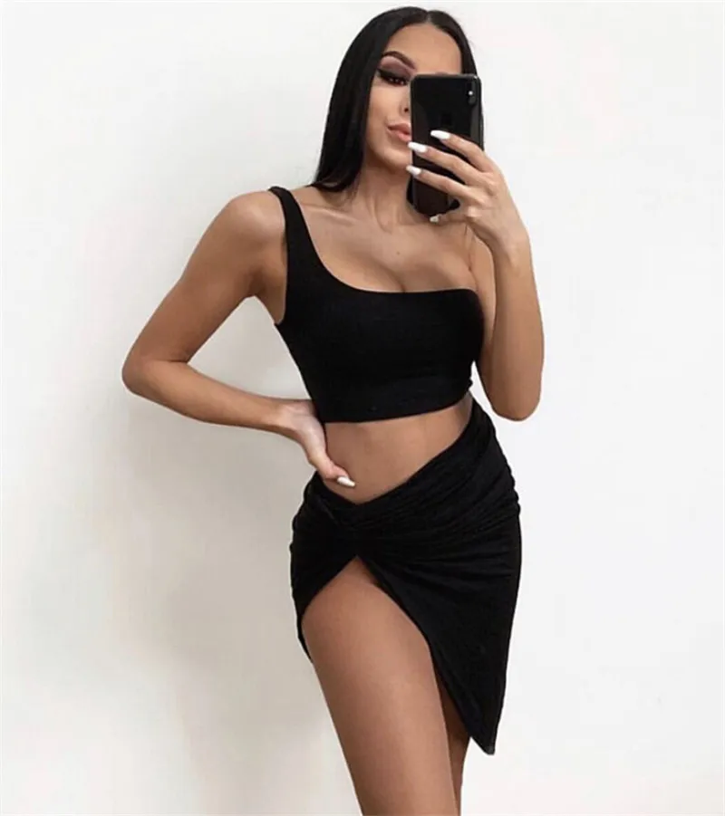 Women Bodycon Set Two Piece One Shoulder Crop Top and Mini Skirt Set Bandage Sexy Clubwear Yellow Black White Rose Red