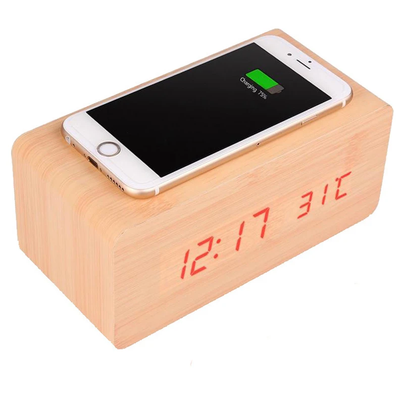 Modern Wooden Alarm Clock Digital Mobile Phone Wireless Charging Alarm Clock With Qi Wireless Charging Pad Alarm Clock Bedroom