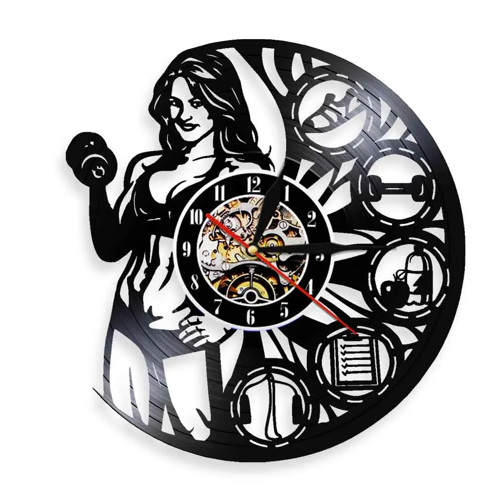 Muscle Lady Bodybuilding Vinyl Record Wall Clock For Female Room Workout Motivation Weightlifting GYM Fitness Decor Wall Watch