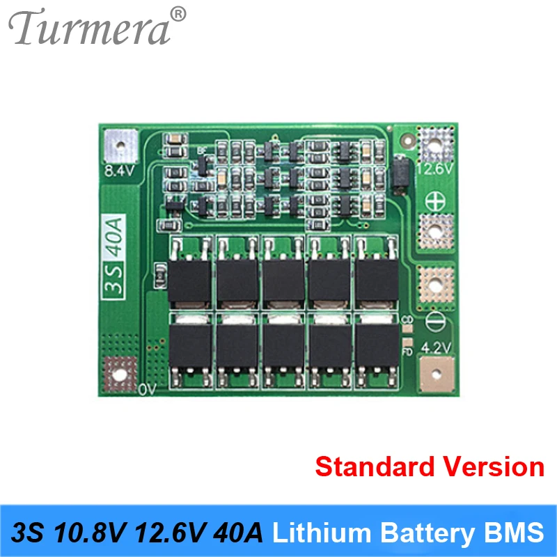 Turmera 3S 40A BMS 18650 21700 26650 Lithium Battery Standard Protected Board 10.8V 12.6V for Screwdriver Drill and Headlamp Use