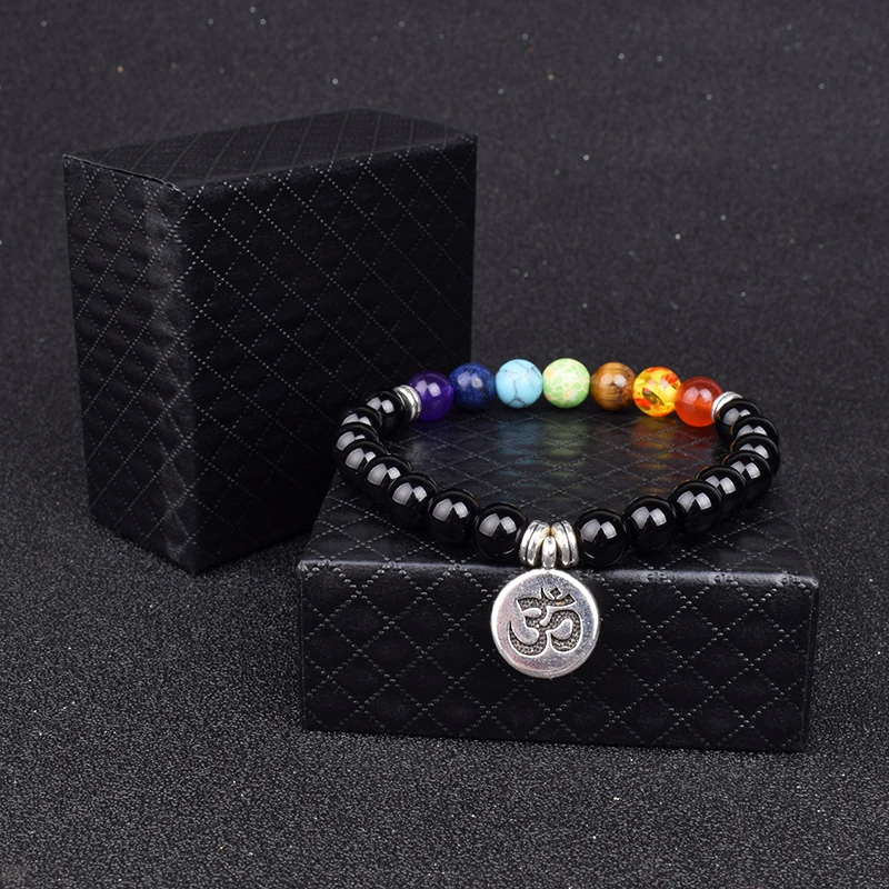 Natural Black Onyx 7 Chakra Bracelets & Bangles for Women Fashion Yoga Balance Healing Bracelets Men Buddha Prayer Beads Jewelry