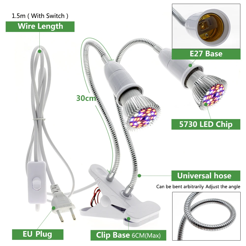 Doble cabezal E27 Led Luz de cultivo con soporte Flexible para lámpara Clip espectro completo luz LED para cultivo de plantas fitoamplificador para